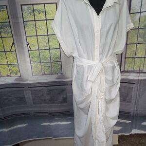 SHEIN White Button-Front Tie-Waist Long Dress